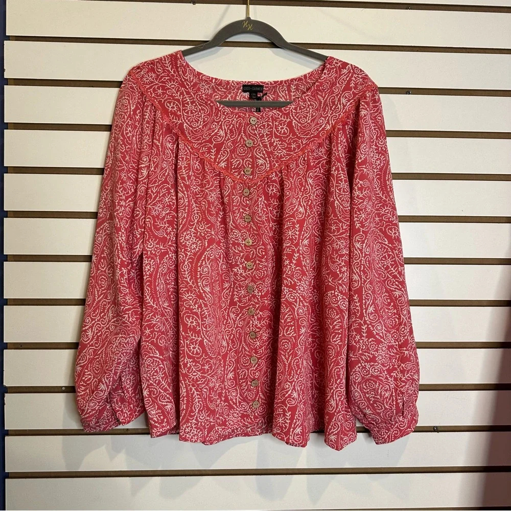 Darla Faux Button Paisley Peasant Style Blouse | Bright Rose - Picture 4 of 5